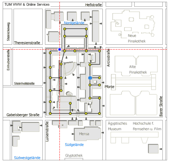 Map of the TUM main campus showing the location of the Student Council office at Room 3574, accessed via the Luisenstraße entrance on the corner of Theresienstraße.